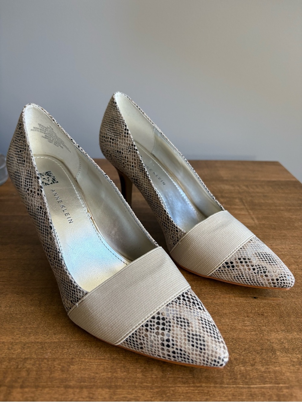 Anne Klein Beige Snake-Print Pointed Pumps with Neutral Strap